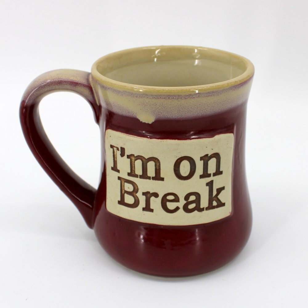 Tumbleweed Pottery Maroon and Tan Drip Glaze Art Pottery I'm On Break Mug 18 oz